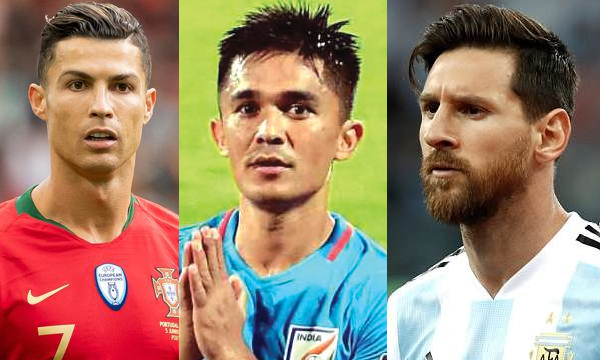 India captain Sunil Chhetri goes past Lionel Messi